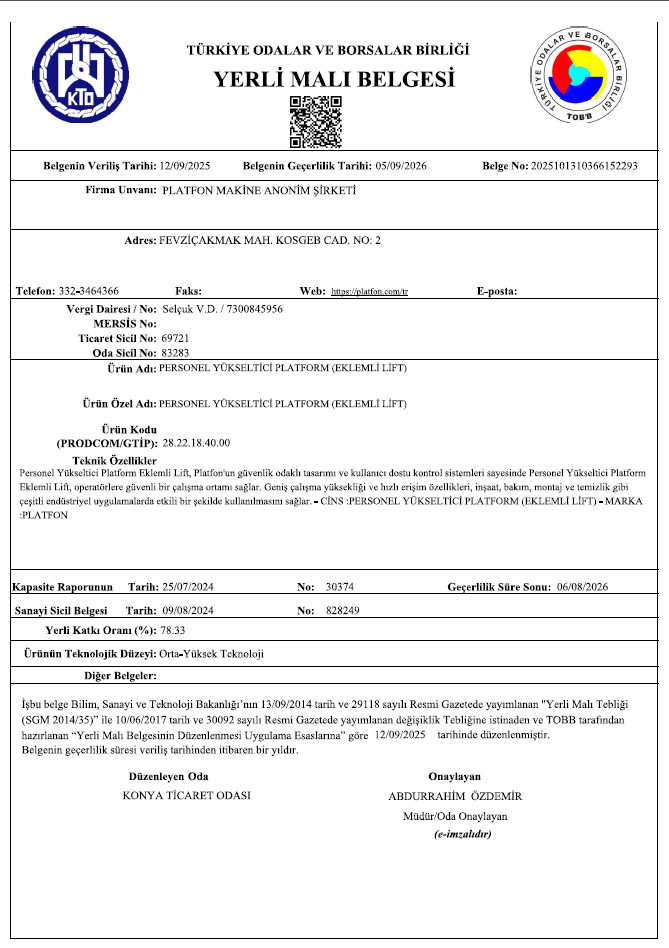 Personel Yükseltici Platform Yerli Malı Belgesi (Eklemli Lift)